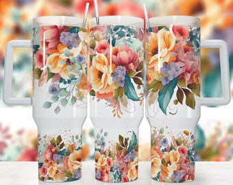 Vibrant Floral 40oz Quencher Tumbler Wrap/  PNG Tumbler Design Sublimation Designs Downloads - PNG/ seamless design