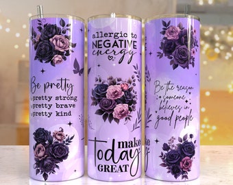 Afirmações positivas florais 20 oz Skinny Tumbler Sublimation Design Download digital PNG instantâneo, borboleta inspiradora
