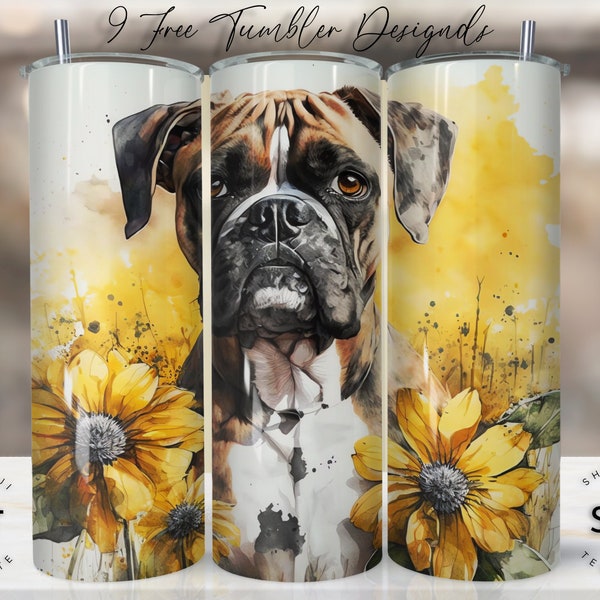 Boxer Dog 20 oz Skinny Tumbler Sublimation Design Digital Download PNG Instant, Pet Lover Wrap, dog tumbler, sunflower tumbler