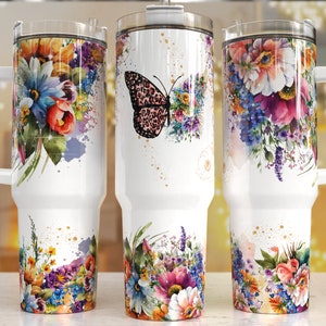 Schmetterling vibrierende Blumen 40 Unzen Quencher Tumbler Wrap / PNG Tumbler Design Sublimation Designs Downloads - PNG / nahtloses Design