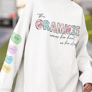 This GRAMMIE wears her heart on her sleeve, valentines png, add your own names | digital download, t-shirt jumper png, Valentine sublimation