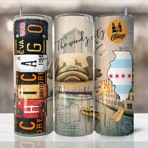 Chicago Tumbler Designs / Download di disegni di sublimazione per tumbler skinny da 20 once, download digitale di file PNG, stato PNG, bicchiere di stato