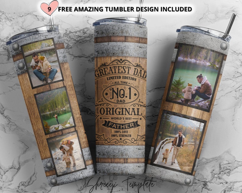 Add your own 5 photo, Father's day Photo, Wood barrel Tumbler, Greatest dad Png Sublimation 20oz Seamless Skinny, Tumbler Sublimation image 1
