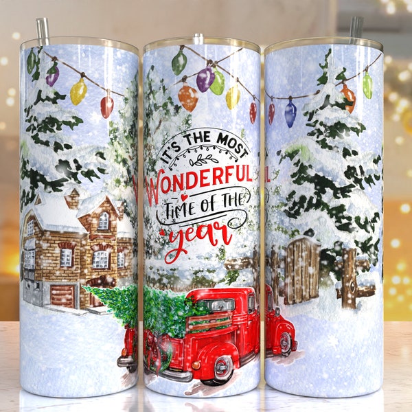 20oz Skinny Tumbler design, The Most Wonderful Time Of The Year PNG Sublimation Designs, Christmas Truck Png File