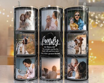 Family quote Photo Tumbler Template, Png Sublimation Photo Collage 20oz Skinny Tumbler Tapered, Digital, Black marble