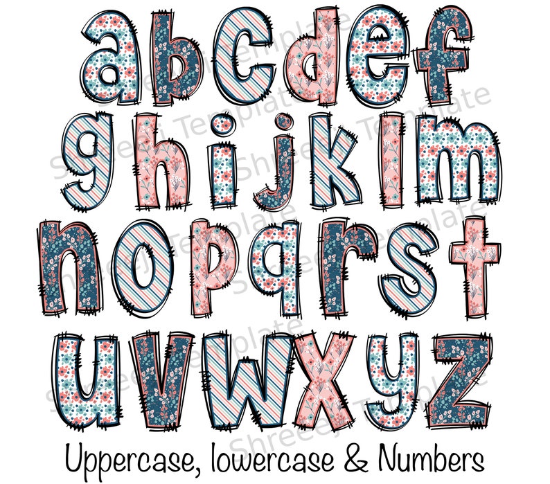 4 set of Spring floral Doodle Letters Alphabet PNG Hand Drawn Upper and Lower Case Numbers Alpha Pack Digital Download image 2