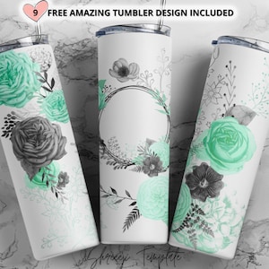 Add your own text Teal watercolor floral tumbler, 20oz Skinny Tumbler Sublimation Designs Tumbler PNG File Digital Download,Teal tumbler
