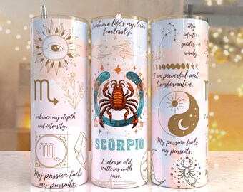 Scorpione Segno zodiacale Pastello acquerello 20 oz Skinny Tumbler Sublimazione Disegni Modelli Design dritto Download digitale PNG