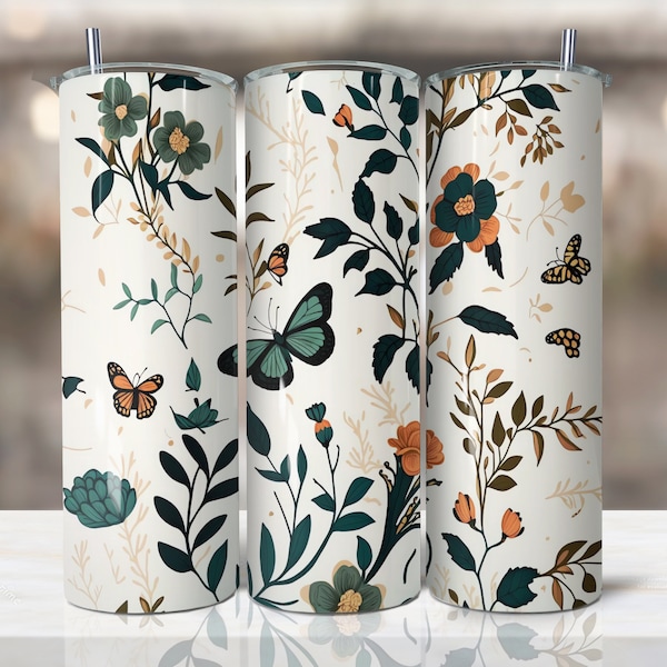 Boho butterfly Floral Tumbler Wrap, Autumn Boho Sublimation Design, 20 oz Skinny Tumbler, Groovy Halloween Flower Tumbler PNG, Digital