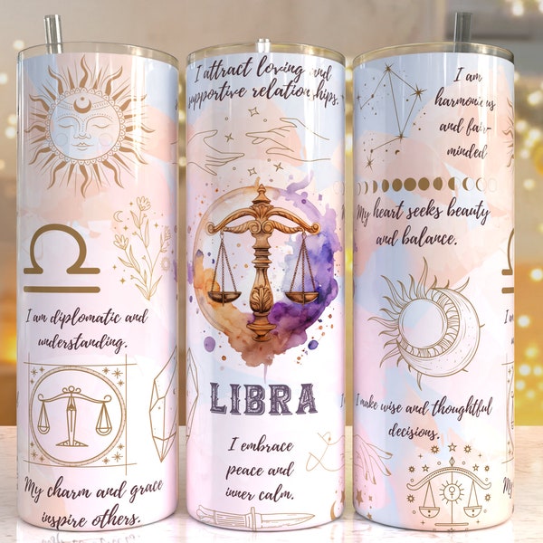 Libra Zodiac Sign Pastel 20 oz Skinny Tumbler Sublimation Designs Templates Straight Design Digital Download PNG