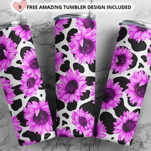 cow print purple Sunflowers Tumbler Designs, sunflower 20oz Skinny Tumbler Wrap, Seamless Glitter Tumbler Template - PNG Digital Download