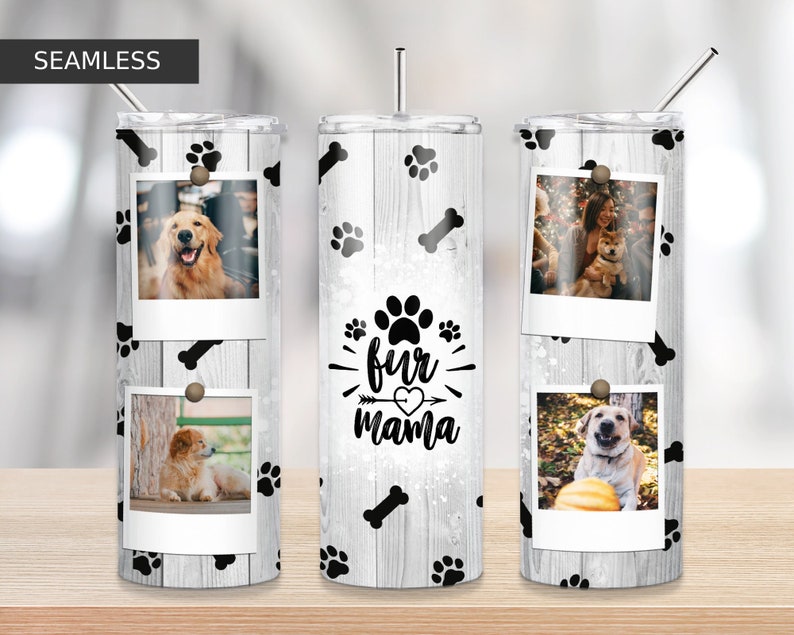 Your Photo, Fur Mama wood Tumbler, Dog Mama Png Sublimation 20oz Seamless Skinny, Tumbler Sublimation, Full Tumbler Wrap image 2