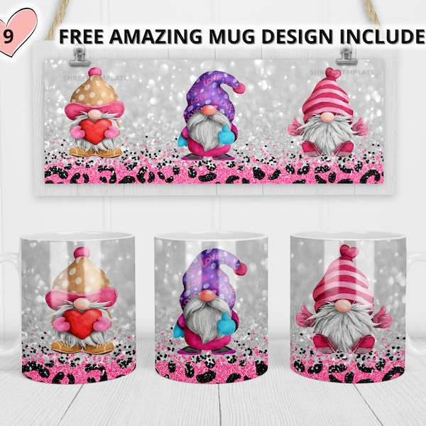 Gnome leopard valentine day Mug Sublimation Template-Sublimation Designs -11Oz Mug-15Oz Mug PNG Mug Templates -Cricut Mug Press Designs Wrap