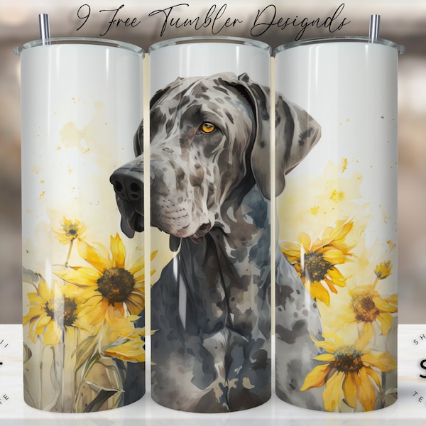 Gray Great dane Dog 20 oz Skinny Tumbler Sublimation Design Digital Download PNG Instant, Pet Lover Wrap, dog tumbler, sunflower tumbler