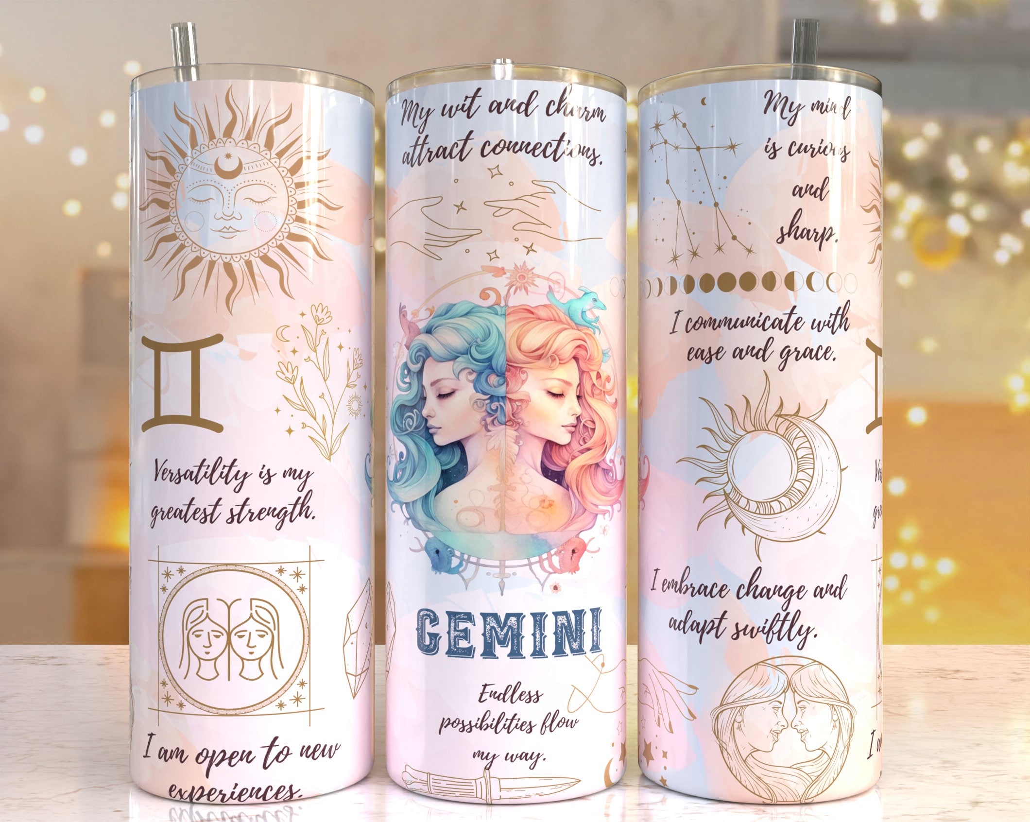 GEMINI Zodiac Sign Pastel 20 Oz Skinny Tumbler Sublimation Designs