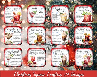 24 Christmas Square Coaster Sublimation Bundle, Christmas Coaster Bundle, Cocktail Recipe Design PNG for Christmas Crafts - Digital Download