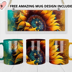 May include: Three ceramic mugs with a sunflower design. The mugs are green, black, and yellow. The sunflower design features a yellow center with a blue and gold pattern.