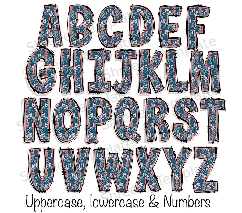4 set of Spring floral Doodle Letters Alphabet PNG Hand Drawn Upper and Lower Case Numbers Alpha Pack Digital Download image 5