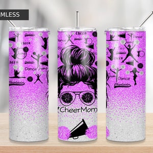 Purple glitter Cheer Mom sublimation tumbler downloads 20oz Skinny Tumbler Sublimation Designs Tumbler PNG File Digital file, Messy bun