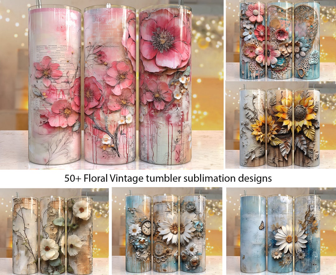 50+ 3d Vintage Floral Tumbler Wrap PNG Seamless Sublimation Designs ...