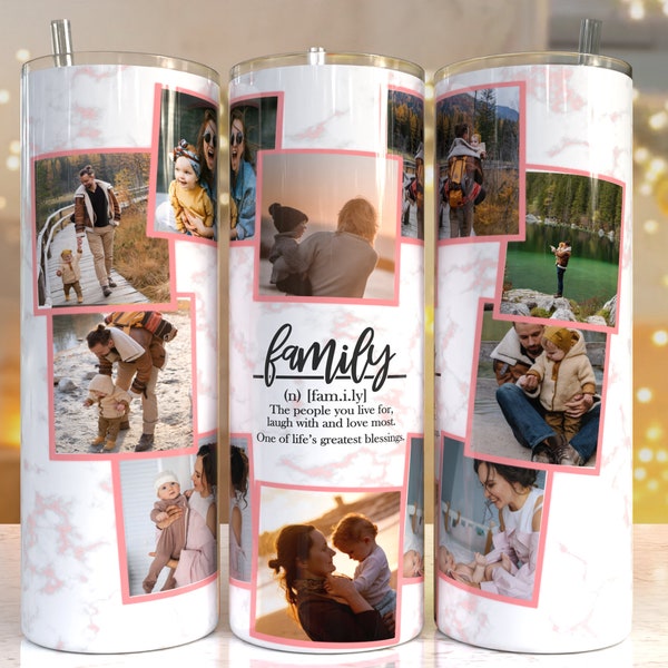 Plantilla de vaso de mármol rosa con foto familiar de corazón, collage de fotos por sublimación png, flaco de 20 oz, envoltura completa con tobogán de agua digital