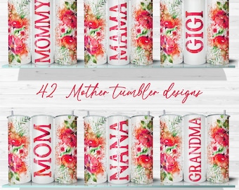 42 MOM tumbler Wraps Festa della mamma Tumbler Wrap BUNDLE PNG Aggiungi nomi bambini Floral Seamless Sublimation Designs Download, tumbler primavera estate