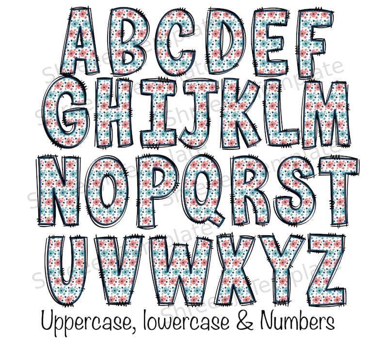 4 set of Spring floral Doodle Letters Alphabet PNG Hand Drawn Upper and Lower Case Numbers Alpha Pack Digital Download image 8