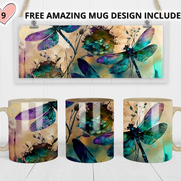 Dragonflies glitter Mug Sublimation Template - Sublimation Designs -11Oz Mug -15Oz Mug PNG Mug Templates - Cricut Mug Press Designs Wrap