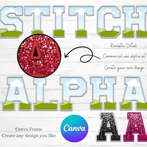 Digital Stitch Alpha PNG, Letras e Números de Patch de Aplique de Bordado Falso, Cor DIY no Canva, Conjunto de Preenchimento de Quadro Canva, Duotone, Mapa Gradiente