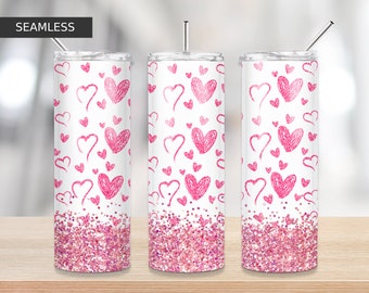 Pink Glitter Hearts diseño de vaso, Amor Día de San Valentín 20oz Skinny Tumbler Tapered, Straight Sublimation Full Wrap Png Descarga digital
