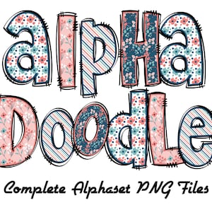 4 conjunto de letras de garabato florales de primavera Alfabeto PNG / Dibujado a mano mayúsculas y minúsculas + Números Alpha Pack Descarga digital
