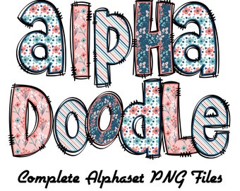 4 ensemble de lettres florales de printemps Doodle Alphabet PNG | Majuscules et minuscules dessinées à la main + numéros Alpha Pack téléchargement numérique