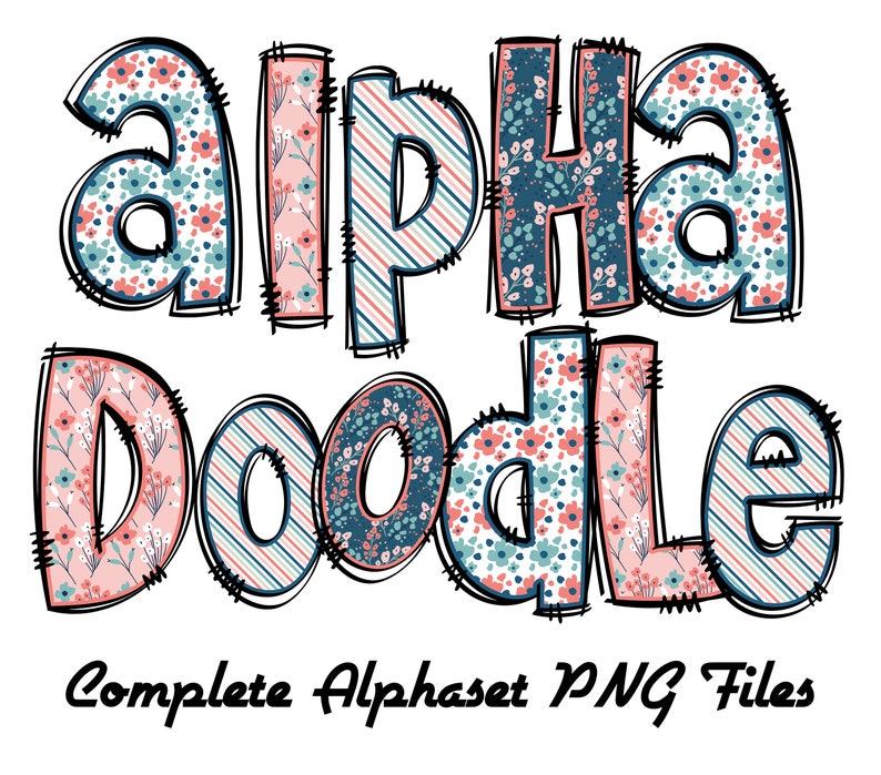 4 set of Spring floral Doodle Letters Alphabet PNG Hand Drawn Upper and Lower Case Numbers Alpha Pack Digital Download image 1