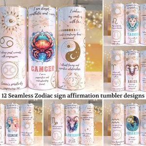 12 Znak Zodiaku Afirmacja 20 oz Skinny Tumbler Sublimacja Projekty Pakiet Szablony Prosty projekt Cyfrowe pobieranie PNG