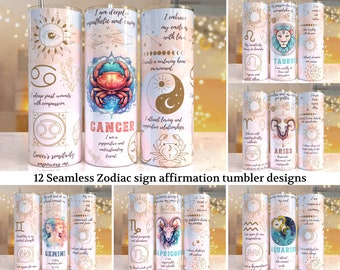12 Zodiac Sign Affirmation 20 oz Skinny Tumbler Sublimation Designs  bundle Templates Straight Design Digital Download PNG