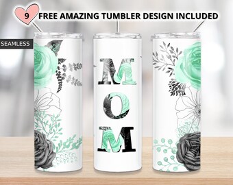 Mom Tumbler, Teal watercolor floral tumbler, 20oz Skinny Tumbler Sublimation Designs Tumbler PNG File Digital Download,Teal tumbler