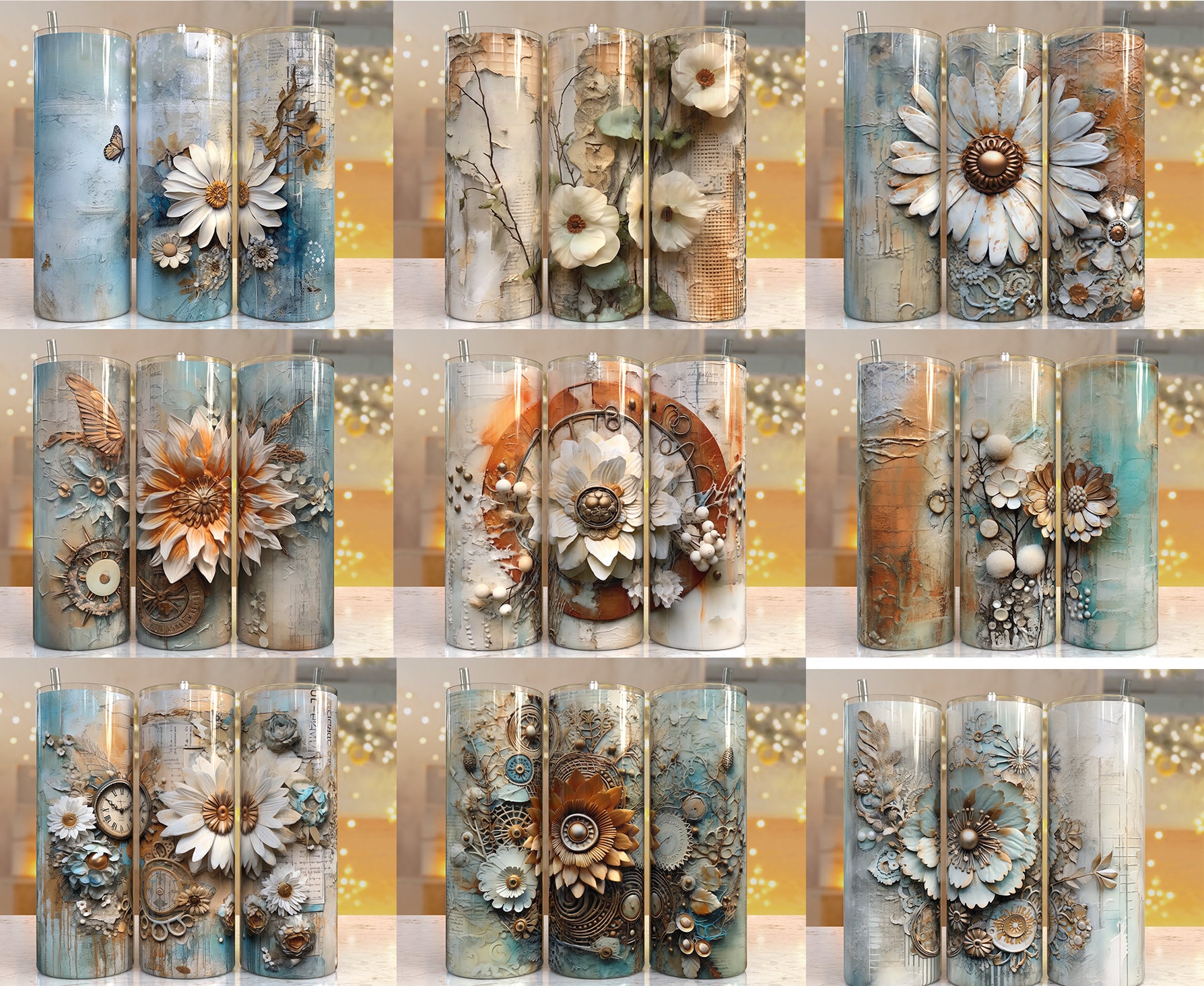 50+ 3d Vintage Floral Tumbler Wrap PNG Seamless Sublimation Designs ...