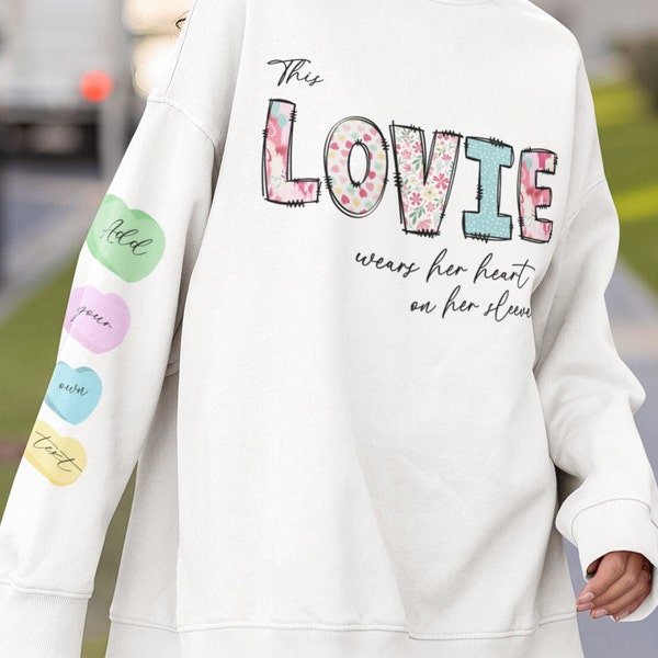 This LOVIE wears her heart on her sleeve, valentines png, add your own names | digital download, t-shirt jumper png, Valentine sublimation