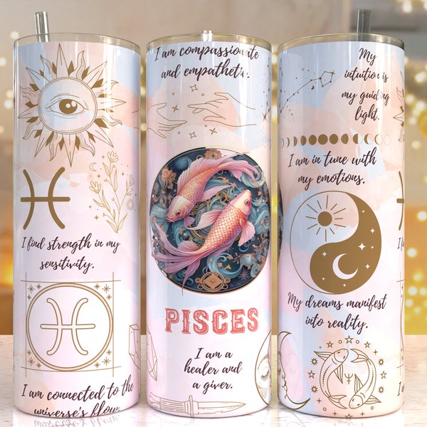 PISCES Zodiac Sign Pastel 20 oz Skinny Tumbler Sublimation Designs Templates Straight Design Digital Download PNG