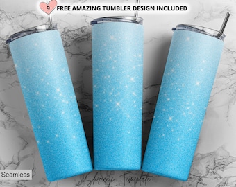Sparkling Blue Glitter Ombre Tumbler Wrap, diseño de sublimación azul, vaso flaco de 20 oz, descarga digital, vaso degradado PNG Sublimate