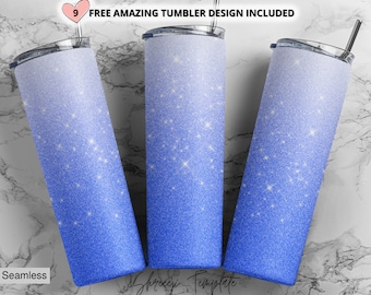 Sparkling Blue Glitter Ombre Tumbler Wrap, diseño de sublimación azul, vaso flaco de 20 oz, descarga digital, vaso degradado PNG Sublimate