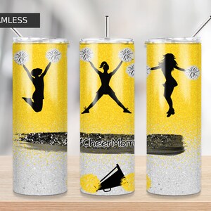 Yellow glitter Cheer Mom sublimation tumbler downloads 20oz Skinny Tumbler Sublimation Designs Tumbler PNG File Digital file, water slide