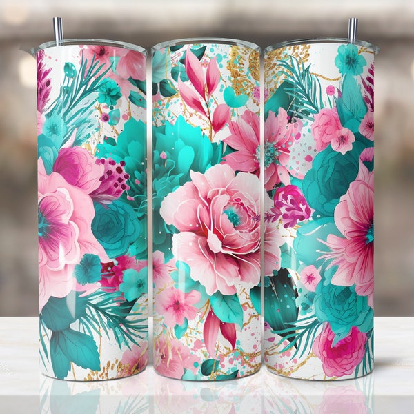 Pink and Teal vibrant glitter Floral Tumbler Wrap, Sublimation Design, 20 oz Skinny Tumbler, Glitter mom tumbler floral png download