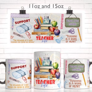 May include: Two 11 oz and 15 oz white ceramic mugs with black handles. The mugs feature a watercolor design of school supplies, including pencils, a jar of pencils, a book stack, apples, and a chalkboard with the text "Teach Love Inspire". The mugs also feature the text "Support", "Empower", "Teacher Life", and "Teaching is a work of heart".