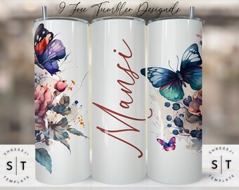 Add your own text Butterfly Floral tumbler, 20oz Skinny Tumbler Sublimation Designs Tumbler PNG File Digital Download, Colorful Flowers png