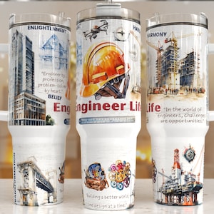 May include: White stainless steel travel mug with a colorful design featuring a hard hat, gears, and construction imagery. The mug has a handle and says "Engineer Life" on the front. The text on the mug reads "Engineer by profession, problem-solver by heart. Belief." and "In the world of engineers, challenges are opportunities."