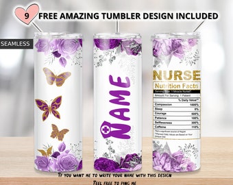 Purple Floral nurse tumbler,Gold glitter nurse 20oz Skinny Tumbler Sublimation Designs, Nurse PNG File Digital Download,Add your text