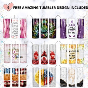 May include: Nine different designs for a stainless steel tumbler. The designs include a pink and gold marble pattern, a black and green galaxy pattern, a sunflower pattern, a purple and gold marble pattern, a floral pattern, a red and black ladybug pattern, a yellow floral pattern, a red, white and blue American flag pattern, and a grey and gold sunflower pattern.