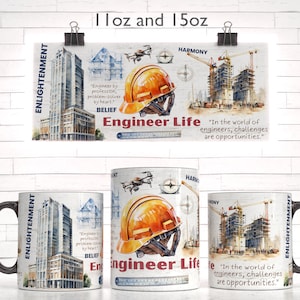 Könnte beinhalten: Eine weiße Keramiktasse mit schwarzem Henkel zeigt eine Aquarell-Illustration einer Baustelle mit einem Helm, einer Drohne und dem Text "Engineer Life". Der Text "Enlightenment" ist vertikal an der Seite der Tasse aufgedruckt. Die Tasse ist in den Größen 11 oz und 15 oz erhältlich.