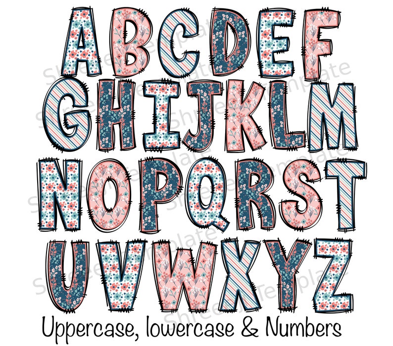 4 set of Spring floral Doodle Letters Alphabet PNG Hand Drawn Upper and Lower Case Numbers Alpha Pack Digital Download image 3